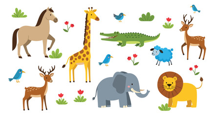 Obraz premium Colorful collection of cute cartoon wild and domestic animals including a lion, elephant, and giraffe isolated on white background.