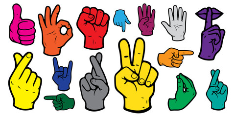 Fototapeta premium Large collection of colorful hand gestures and finger signals doodle icons. Set of hand drawn arms showing thumbs up, okay, peace sign, fist and pointing finger, isolated. Vector illustration.