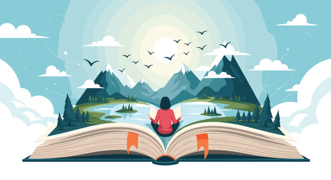 Creative illustration of a person sitting and reading an enormous open book that reveals a beautiful landscape of mountains and lakes.