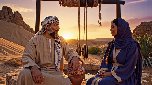 Desert couple at well with sunset for commercial backgrounds, digital design, and advertising