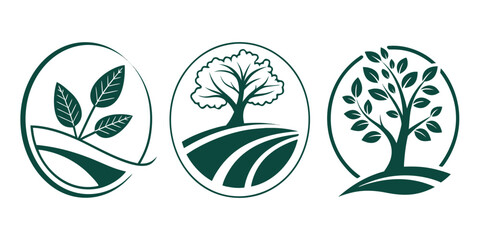 Fototapeta premium Set of circular eco friendly tree and landscape logos with landscape environment botanical illustration sustainable minimalist isolated branding identity agriculture