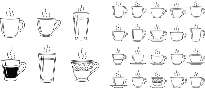 coffee, cups, set, collection, line, art, mugs, tea, steaming, beverage, cafe, outline, minimal, illustration, drink, kitchen, hot, espresso, design, icons