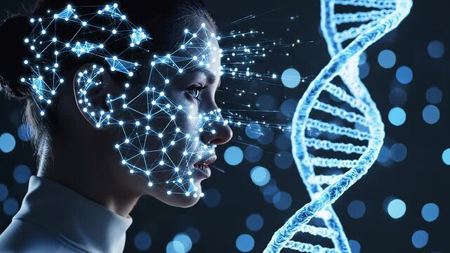 Woman with digital brain and DNA strand for commercial backgrounds, digital design, and advertising