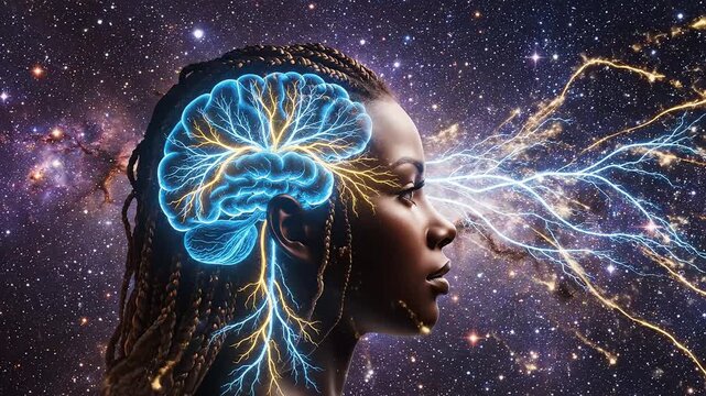 Profile of woman with glowing brain against starry sky for commercial backgrounds, digital design, and advertising