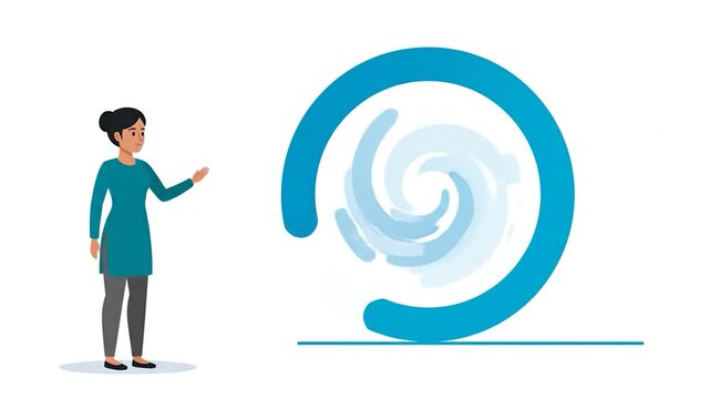 Professional woman standing and presenting an abstract blue circular swirl or dynamic process on an isolated white background, symbolizing flow or transformation.