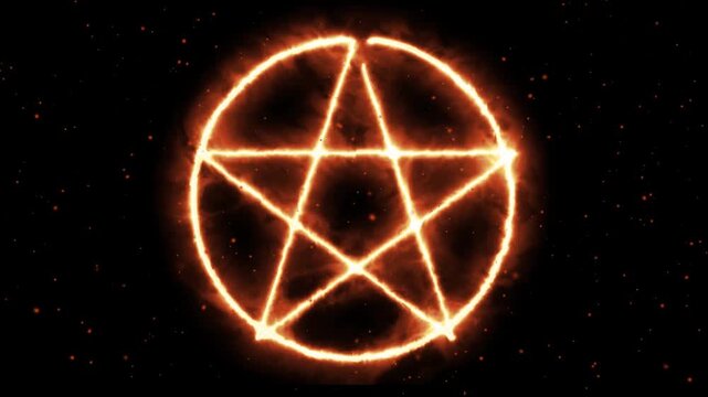 Fiery pentagram animation on black background with glowing particles, mystic ritual or magic spell concept.