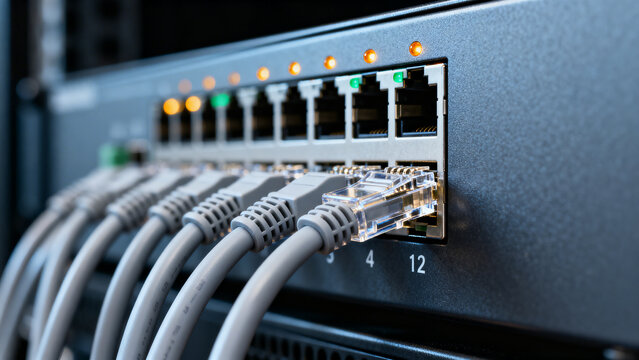 Close-up of a network switch panel with multiple ethernet cables connected and status lights indicating activity