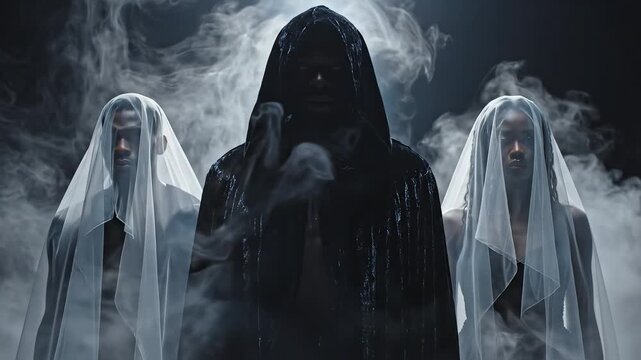 Three hooded figures in smoky atmosphere for commercial backgrounds, digital design, and advertising