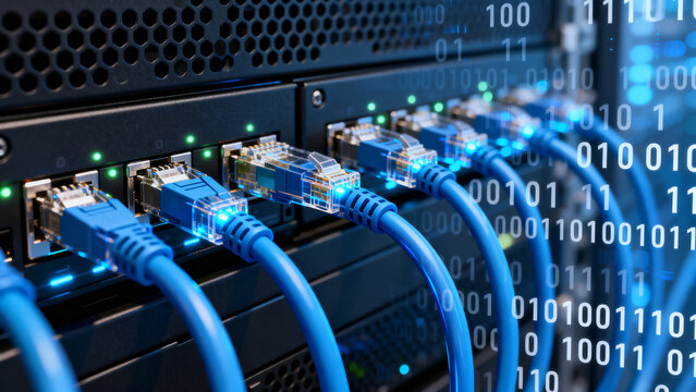 Close-up of a network server rack with connected blue ethernet cables and binary code overlay