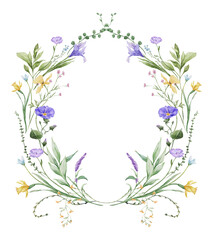 Obraz premium Watercolor garden wildflowers floral wreath, spring summer floral circle frame