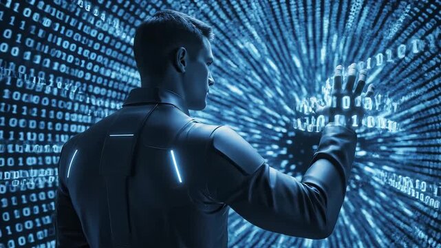 Person in futuristic suit with binary code background for commercial backgrounds, digital design, and advertising