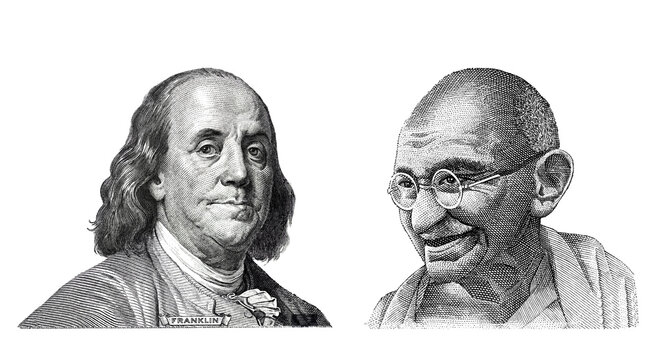 Engraved portraits of Benjamin Franklin and Mahatma Gandhi (PNG)