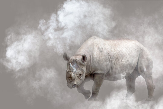 Rhino charging through dust storm majestic power with copy space