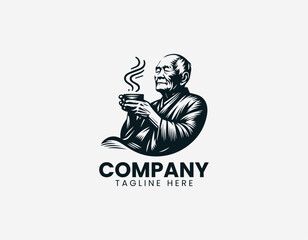 Fototapeta premium A mature senior man is depicted sitting on a wooden chair while drinking hot steaming coffee in a minimalist black vector style.