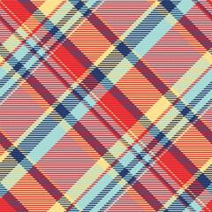 Fototapeta premium Vibrant seamless plaid pattern with red, navy blue, and yellow diagonal stripes. Ideal for textile design, branding, and rustic decor, it offers a classic yet energetic aesthetic.