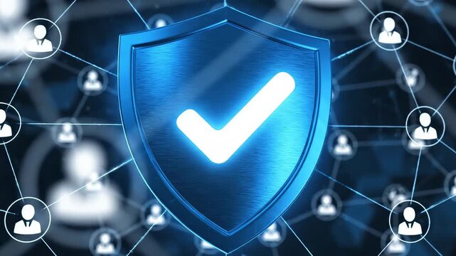 Blue shield with checkmark and network icons for commercial backgrounds, digital design, and advertising