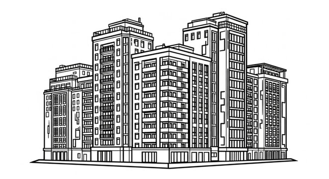 Modern Apartment Buildings Facade Line Art Illustration.
