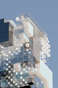 3D modular glass architecture with floating cube framework