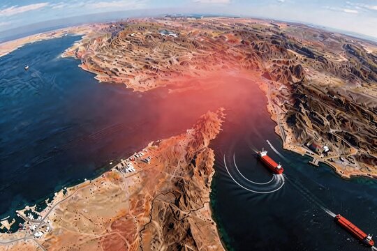 Red lane visualization of cargo ships turning in Strait of Hormuz