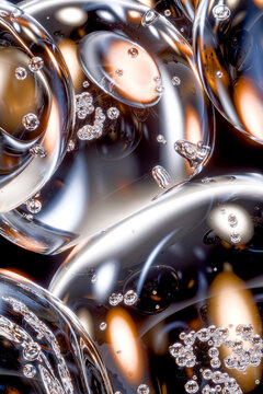 3D amber liquid sphere with warm bubble and glossy depth