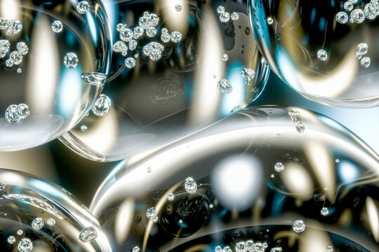 3D iridescent liquid sphere with bright bubble and soft glow