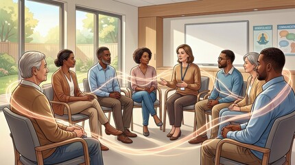 Obraz premium Therapy Group in Session: A diverse group of individuals engaging in a therapy session, with a therapist facilitating discussion in a comfortable setting. This image conveys support, mental health.