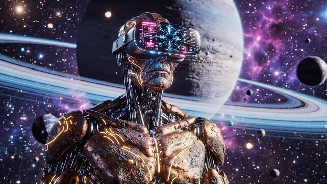 Cyborg in space with vr headset for tech concepts, digital marketing, and scientific projects