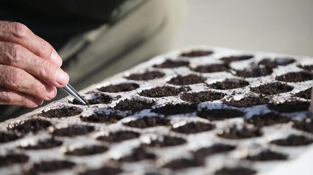 Man planting seed in soil in styrofoam box with tweezers, thermal protection and moisture retention
