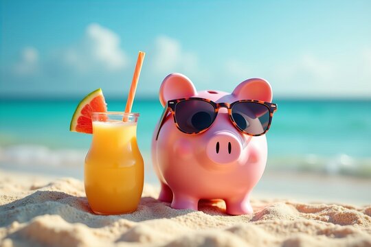 Piggy Bank Saving Up for a Sunny Getaway: Relaxing on the Beach with Shades and a Cocktail