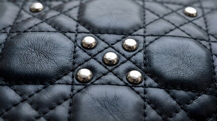 Fototapeta premium Black Quilted Leather Texture with Silver Metal Studs and Rivets