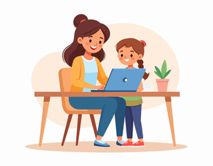 Fototapeta premium Smiling mother and daughter share a joyful moment while collaboratively engaging with a laptop, highlighting modern family life and shared learning experiences at home