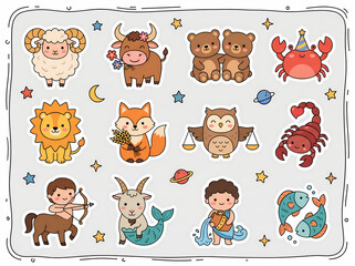 Fototapeta premium Cute zodiac characters illustration pack featuring Aries, Taurus, Gemini, Cancer, Leo, Virgo, Libra, Scorpio, Sagittarius, Capricorn, Aquarius, and Pisces in playful cartoon animal style with colorful