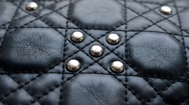 Black Quilted Leather Texture with Silver Metal Studs and Rivets