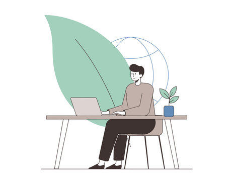 A person working on a laptop at a desk with a plant and a globe in the background, symbolizing remote work and environmental consciousness