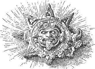 Fototapeta premium ancient aztec sun stone carving with stylized face and radiating rays detailed engraving