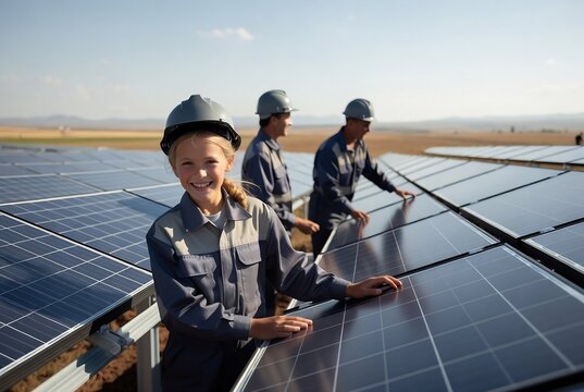 A young girl and two men are working on a solar panel array in a field.