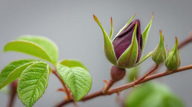 Deep purple rosebud shows signs of imminent bloom alongside fresh green foliage