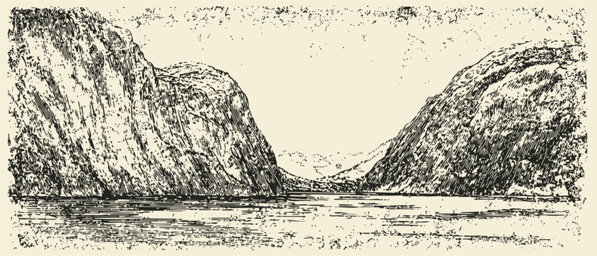 Vintage hand drawn mountain landscape with river valley and rocky cliffs sketch