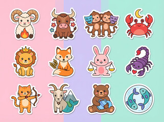 Fototapeta premium Cute zodiac characters illustration pack featuring Aries, Taurus, Gemini, Cancer, Leo, Virgo, Libra, Scorpio, Sagittarius, Capricorn, Aquarius, and Pisces in playful cartoon animal style with colorful