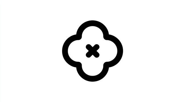 Bold, simple graphic element features a quatrefoil shape with a small cross mark inside.