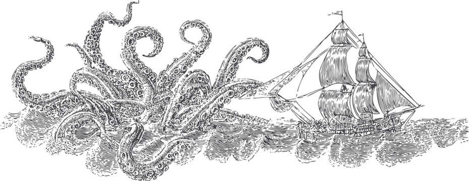 giant octopus attacking sailing ship in ocean waves vintage sea monster confrontation sketch