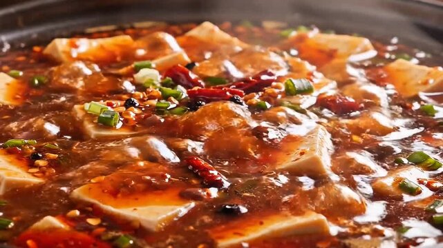 Delicious mapo tofu dish close-up with chili and scallions.