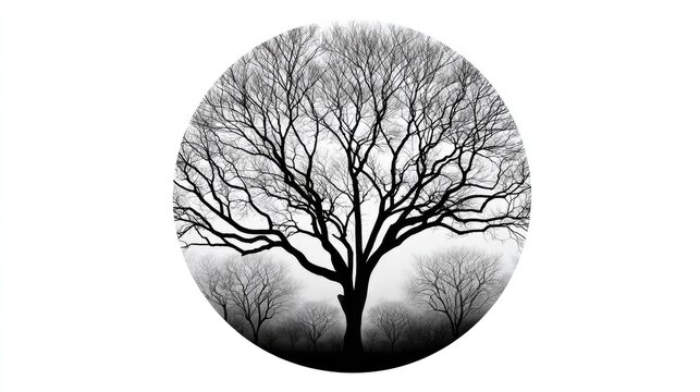 Bare branching silhouette of a large deciduous tree displayed within a circular frame against a bright background.