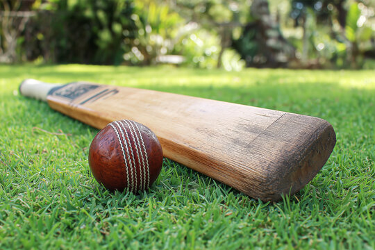 Close up of vintage cricket bat and ball on a lawn in a garden