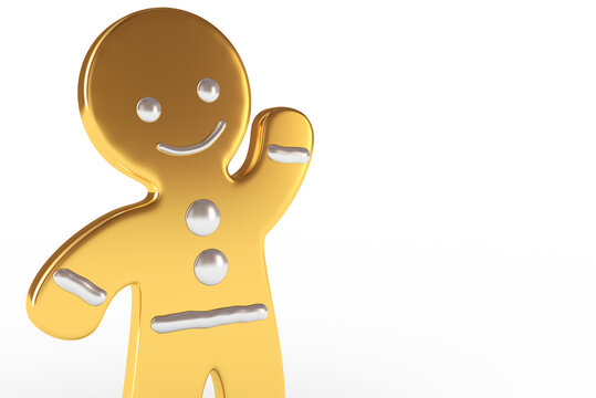 Close-up portrait of a golden gingerbread man 3D character, shiny metallic face with friendly smile isolated on white.