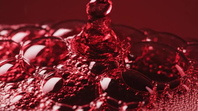 Red bubbles in liquid for commercial backgrounds, digital design, and advertising