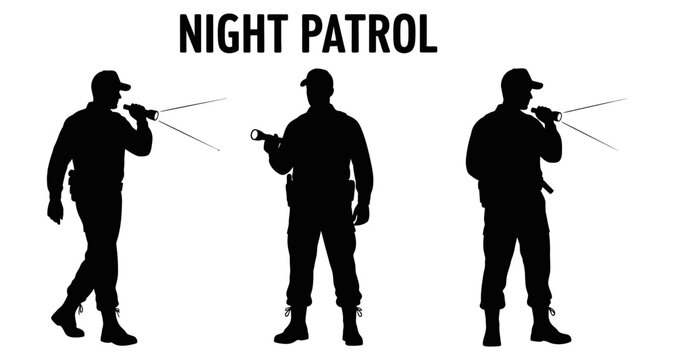 Man in silhouette with flashlight on night patrol during security duty