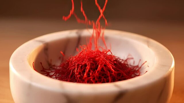 Saffron threads falling marble bowl