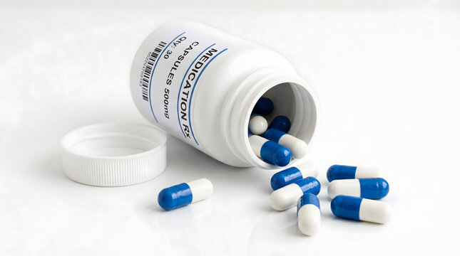 A white bottle of medication lies on its side with blue and white capsules spilling out