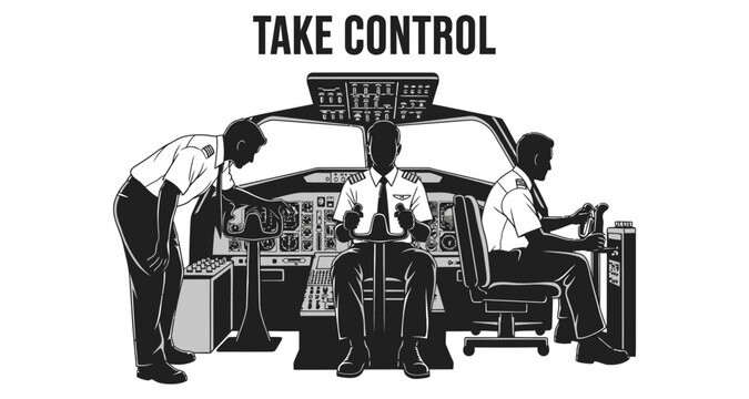 Pilots in cockpit take control of aircraft during flight simulation
